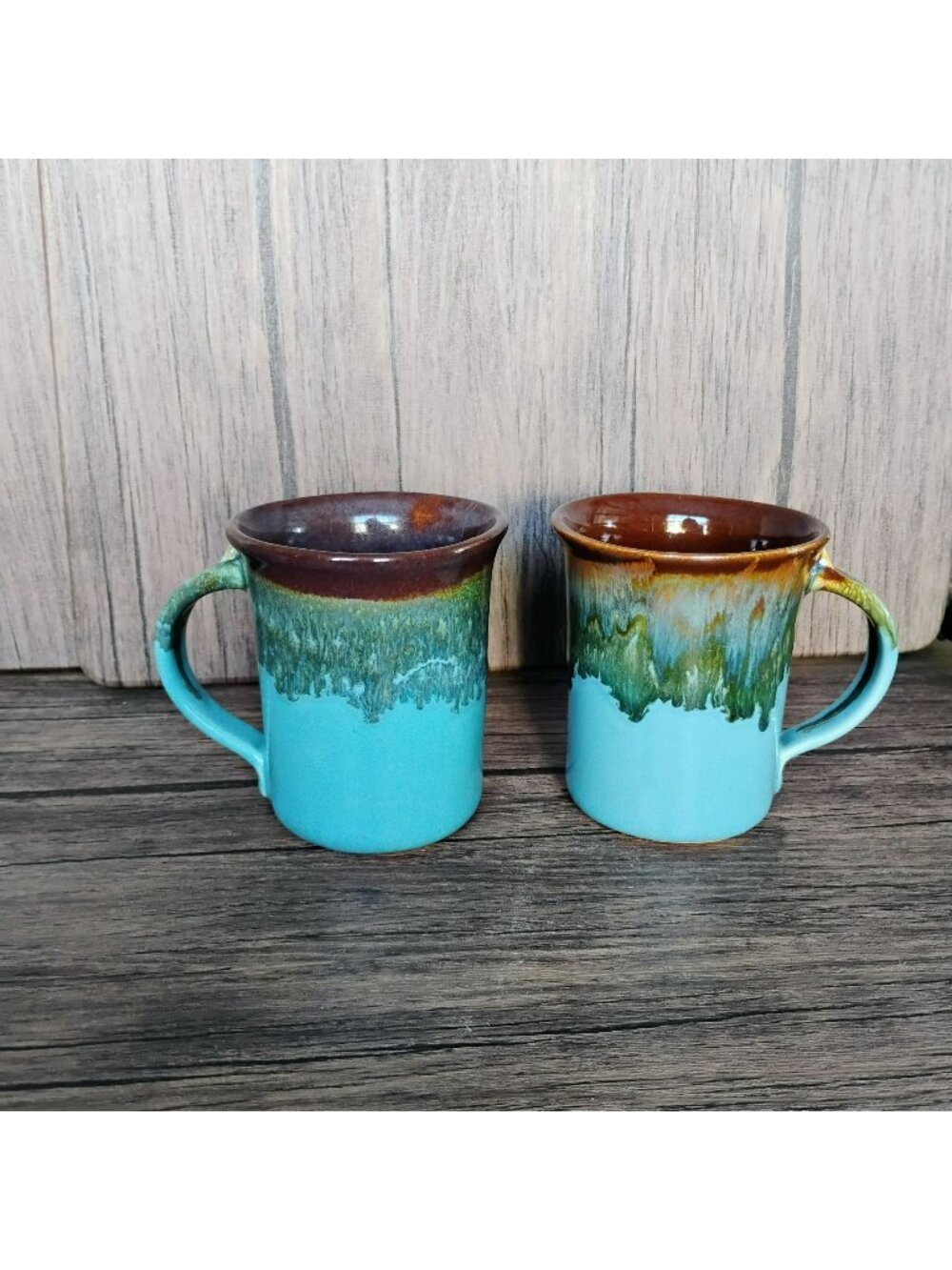 Handmade Ceramic Drip Glaze Mugs, Set Of 2, Neher Pottery, Blue Brown Drip Glaze